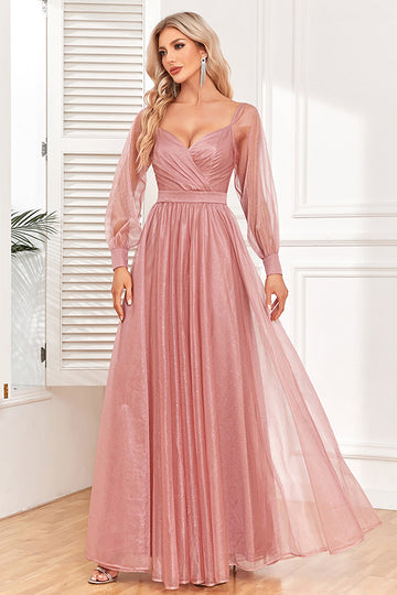 Dusty Rose A-Line Long Sleeves Formal Dress